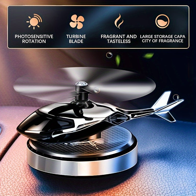 Solar-powered helicopter air freshener with rotating aluminum alloy aromatherapy diffuser in red/golden/silvery/blue, includes paper fragrance sheets for long-lasting delicate scent and car