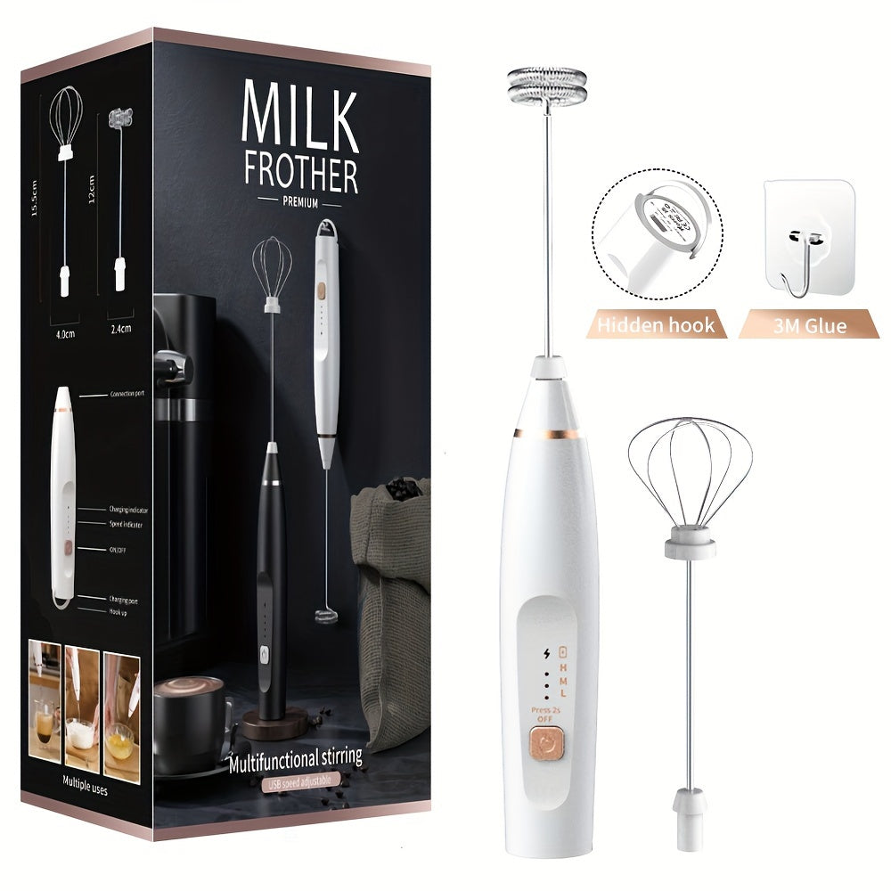 Durable Plastic Electric Milk Frother Handheld with 3-Speed Adjustable USB Rechargeable Feature, Comes with 2 Stainless Steel Whisks for Cappuccinos, Hot Chocolate, Milkshakes, and Eggs - Conveniently Portable.