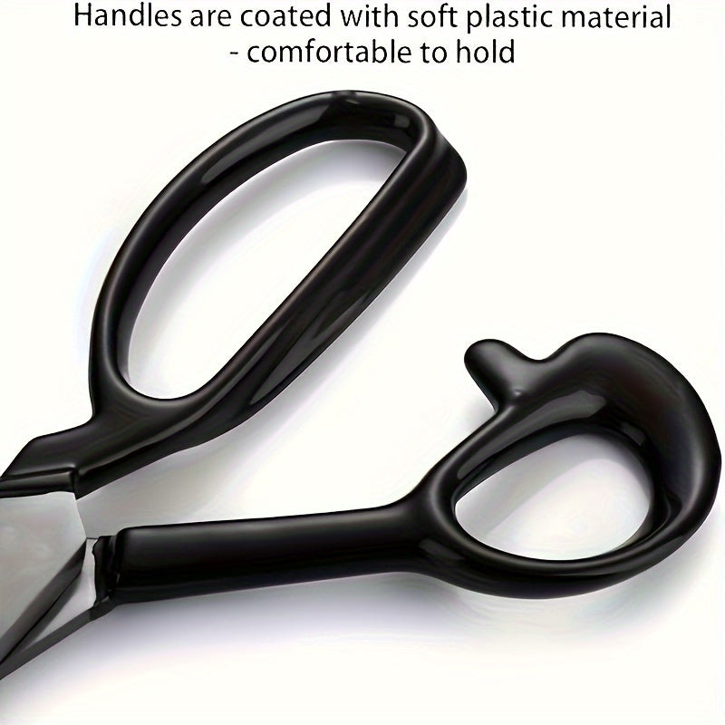 Tailor's Scissors made of high carbon steel with razor blade for fabric cutting. Features right-handed design with ergonomic black handles, ideal for precision cutting in crafting, sewing