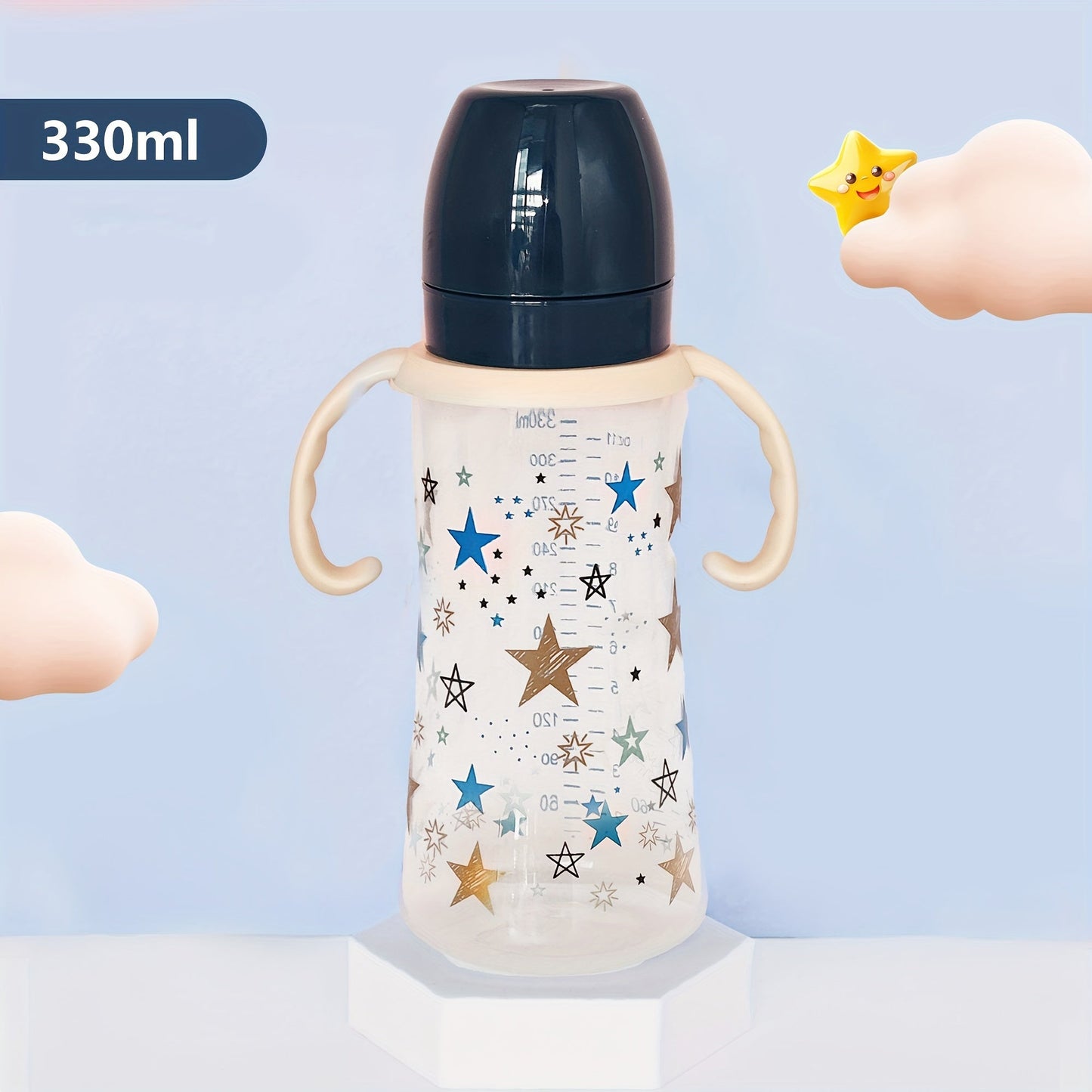 330ml Large Capacity Bottle with Wide Diameter, Handles, and Fall Resistant PP Material. Featuring a Cartoon Star Pattern, this is a Feeding Bottle ideal for Babies.