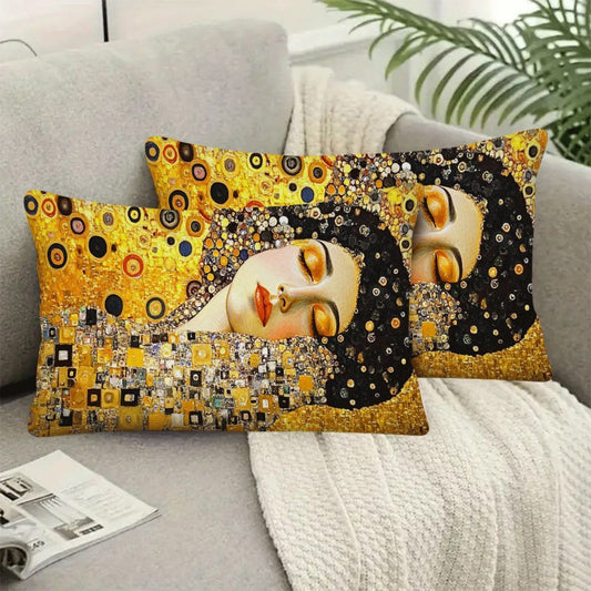 Set of 2 Gustav Klimt's Kiss Abstract Oil Painting Pillow Covers, measuring 50.8*30.48cm each. Perfect for adding a modern touch to neutral sofas, bedrooms, and living rooms. Great for camping, outdoor sofas, tents, and car accessories. (Pillow mats not