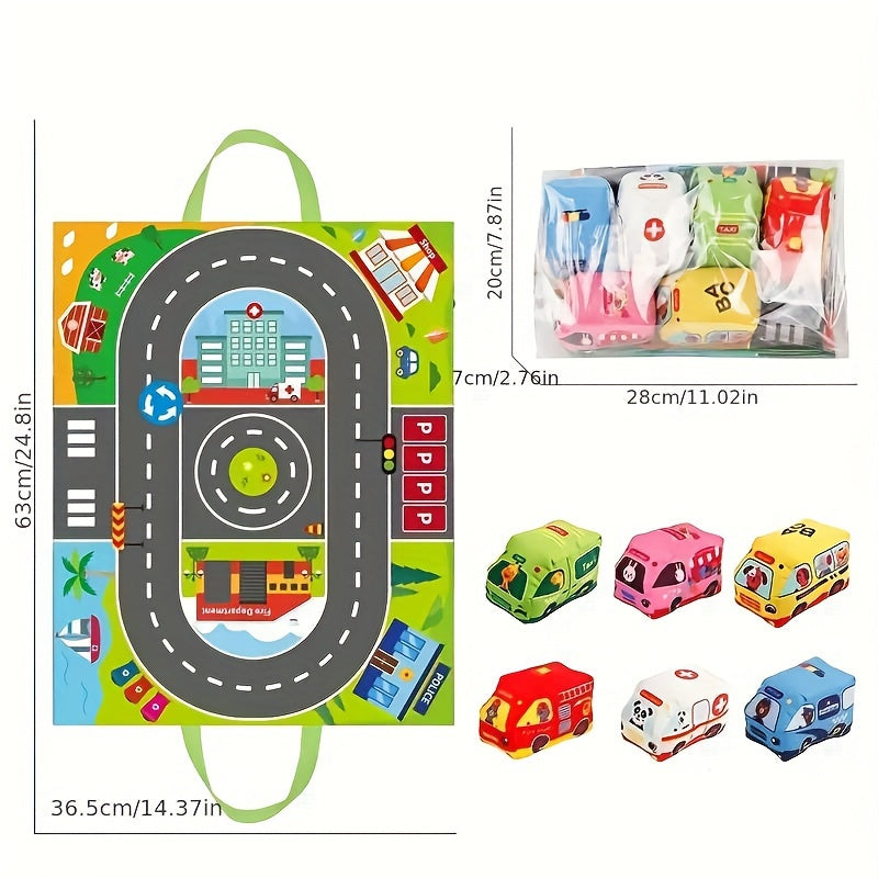 Interactive educational toy set includes push and go vehicles and animals made from polyester fabric, with play mat and carrying bag.