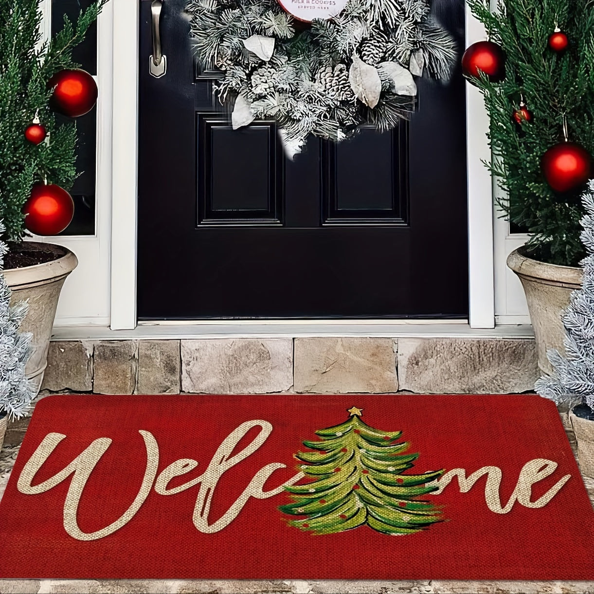 Get into the holiday spirit with our Christmas-themed doormat! Made from red polyester knit fabric, this machine-washable mat is non-slip, stain-resistant, and features medium pile with floral and striped patterns. It is quick-drying, waterproof