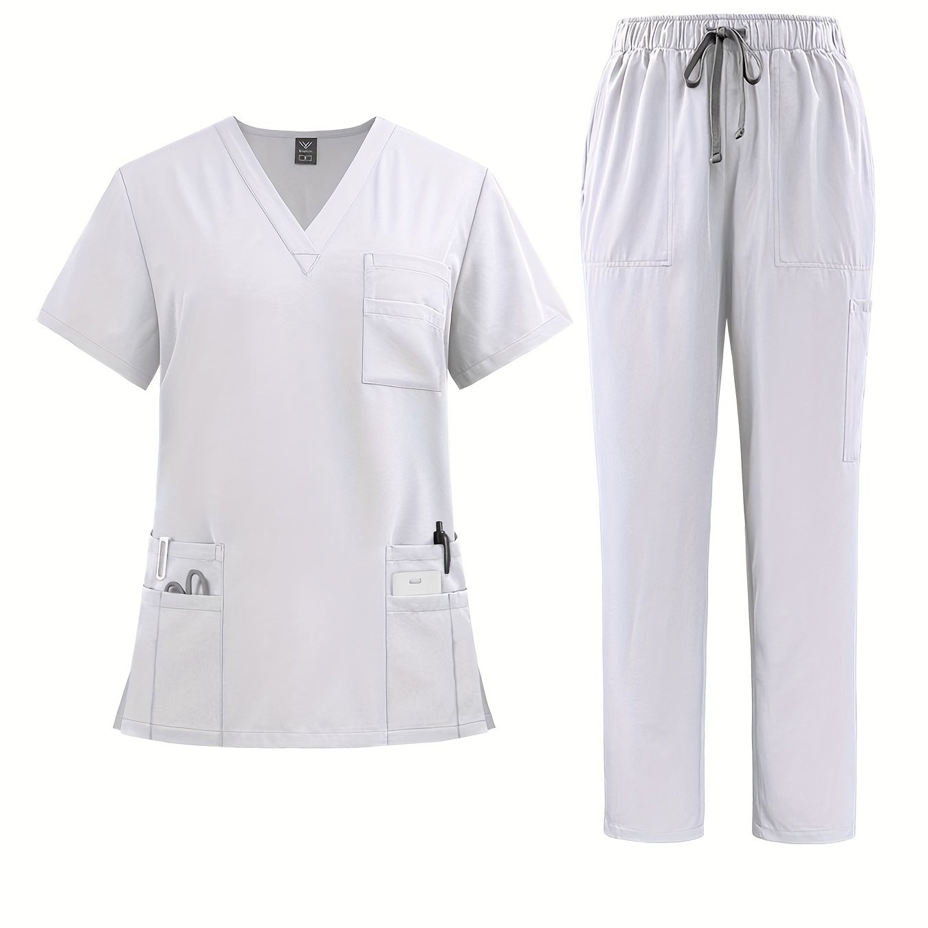 Premium polyester spandex scrubs set with V-neck shirt and straight-leg pants for nurses and surgeons.