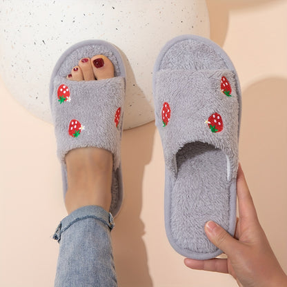 Strawberry embroidered open-toe slippers for women, with cozy comfort, lightweight design, non-slip sole, and machine washable.