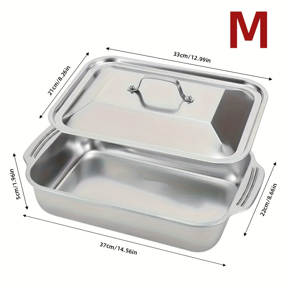 2 Piece Set of Nonstick Stainless Steel Roasting Pans with Lids - Heavy-Duty Rectangular Roaster for Various Uses, Including Baking, Grilling, Serving, and Heating. Perfect for Holiday and Special Events like Christmas, Halloween, Easter, and