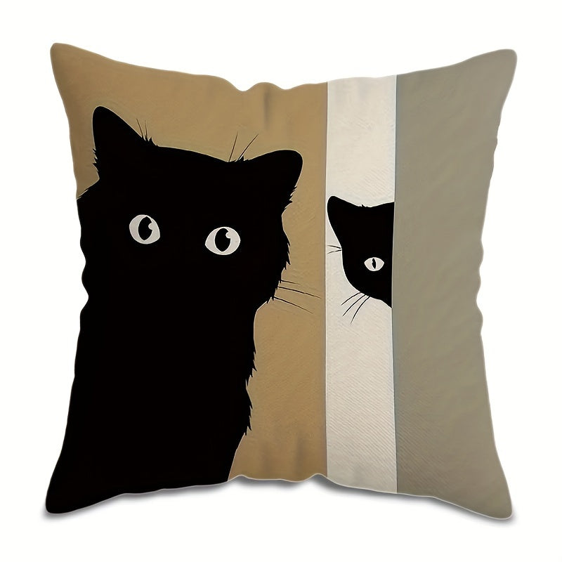 Contemporary Black Cat Design Double-Sided Throw Pillow Cover, 44.96x44.96cm, Abstract Modern Farmhouse Decorative Cushion Case with Zipper Closure for Couch, Patio, Living Room. Machine Washable - Made of 100% Polyester, Insert Not Included.