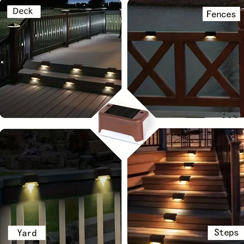 8 outdoor solar deck lights for stairs, fences, patios, gardens, and pathways. Features light sensor, removable fixture, and 600mAh nickel battery.