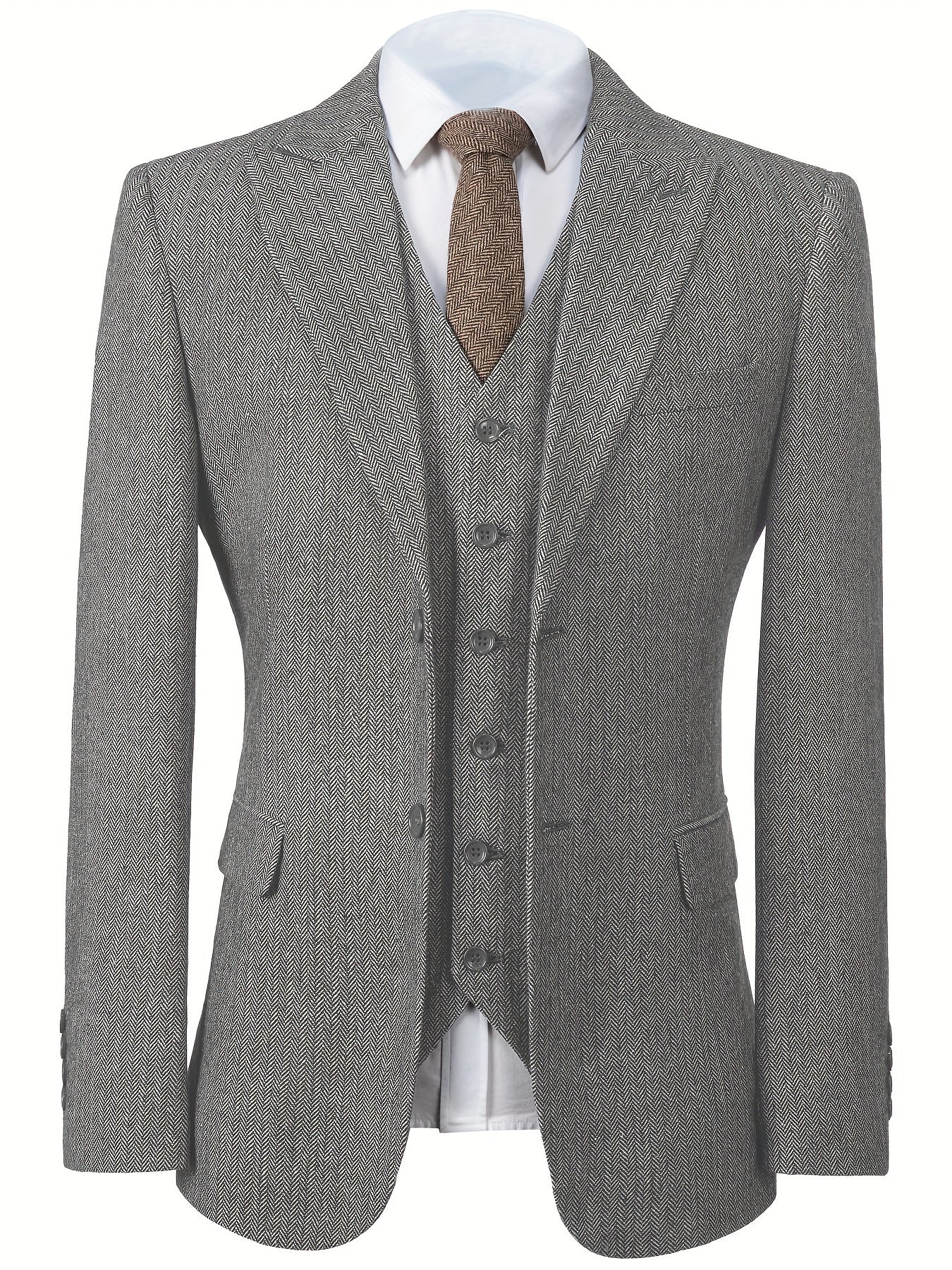 Men's tweed 3-piece suits for formal events, weddings, and business attire in various sizes.