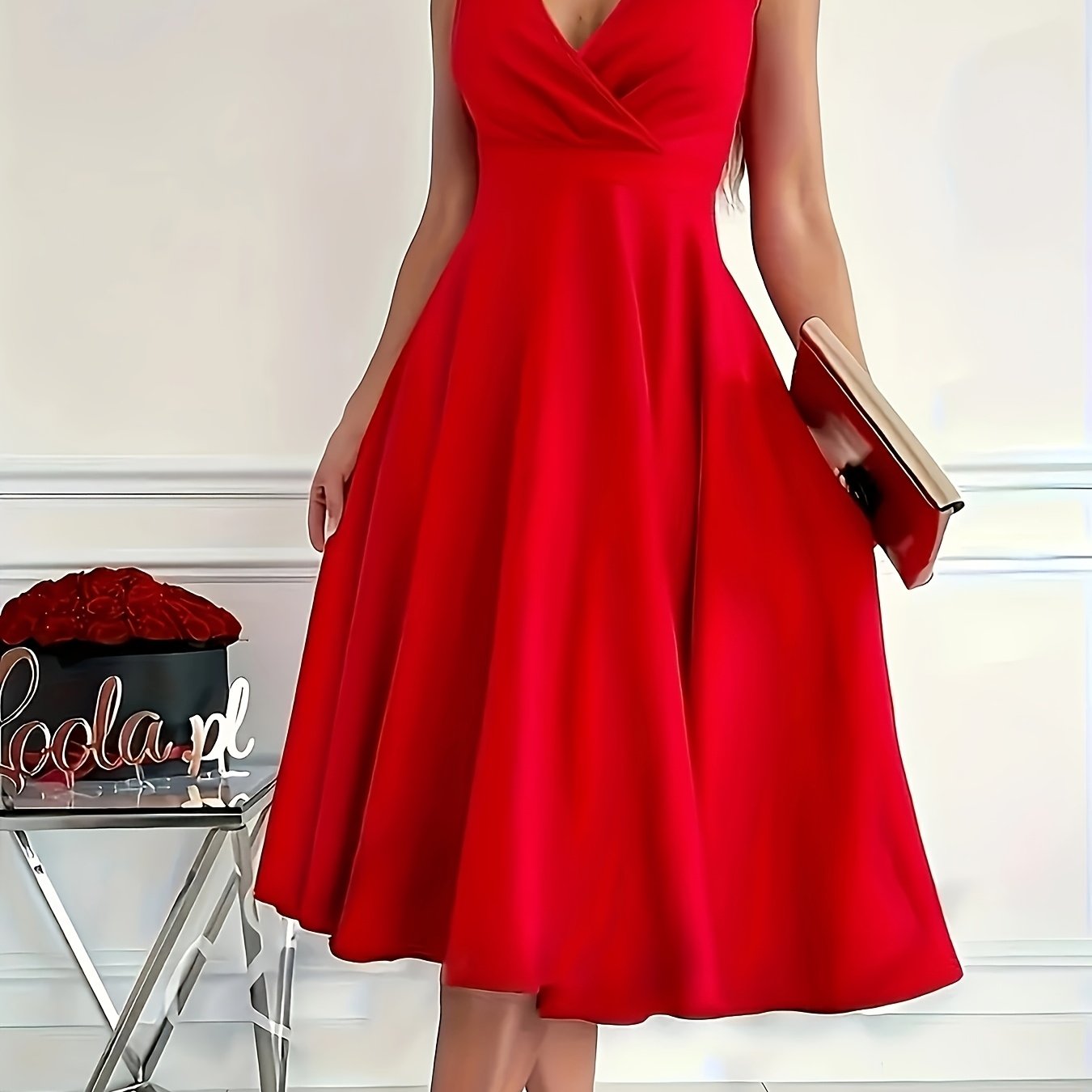 Solid color sleeveless dress with pleated V-neck, ideal for spring and summer vacations.