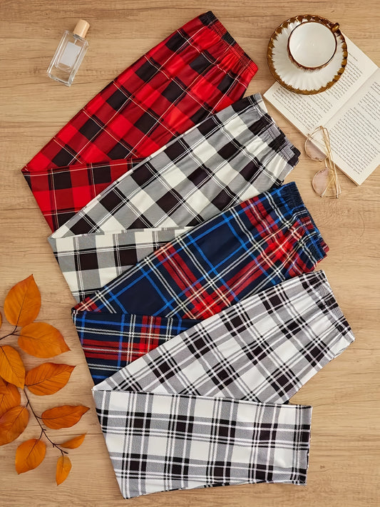 Men's 4pcs Plaid Pants Set for Spring, Autumn, and Winter. Loose-fit for outdoor or home wear.