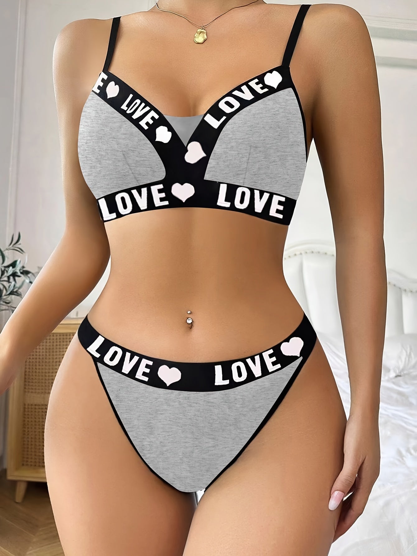 Letter print cami bra and panties set with contrast trim - sexy women's lingerie.