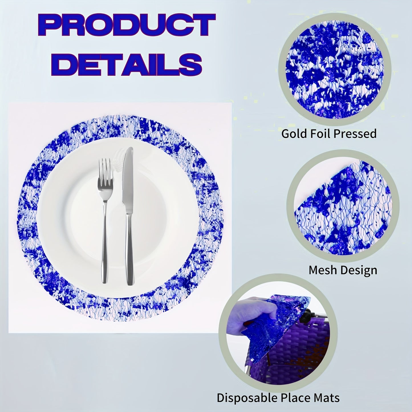 12 pieces of royal blue foil table mats, ideal for wedding and party decorations. Made of polyester, these light luxury round mesh thin glitter placemats add a touch of elegance to any setting.