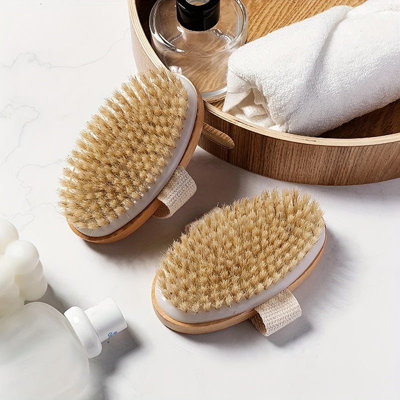 High-quality natural bristle body brush for gentle exfoliation, ideal for wet or dry skin. Handheld wooden design with soft dense bristles, no batteries needed. Perfect for a home spa