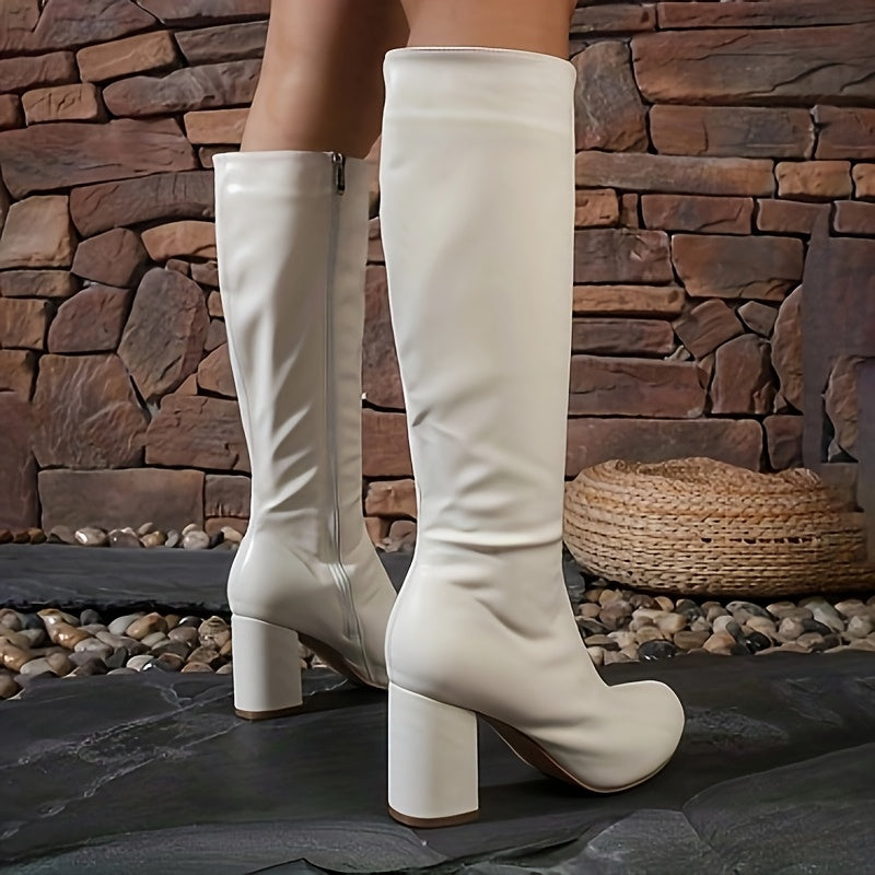 Knight boots for women with solid color, side zipper, chunky heel, and high knee design for a casual and stylish look.