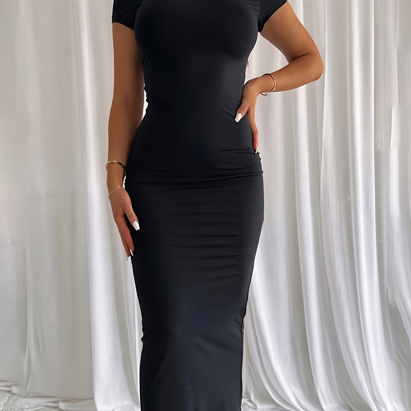 Elegant dark green bodycon midi dress featuring short sleeves, round neck, stretchy polyester-elastane blend, machine washable, and pencil skirt style for women.