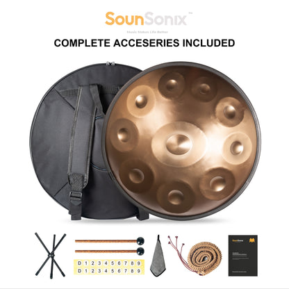 SounSonix Handpan - D Minor, 10 Notes, Handcrafted Steel Drum Set with Bag and Stand