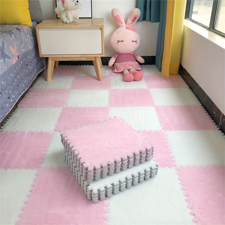 12 pieces of flocked carpet splicing mats for home, bedroom, and cartoon square flooring, measuring 11.8*11.8 inches. These mats are anti-slip, beautiful, and also anti-fatigue.