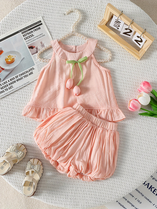 New Korean style two-piece summer set for girls with sleeveless top and tulip flower bud skirt and pants, ideal for outdoor activities.