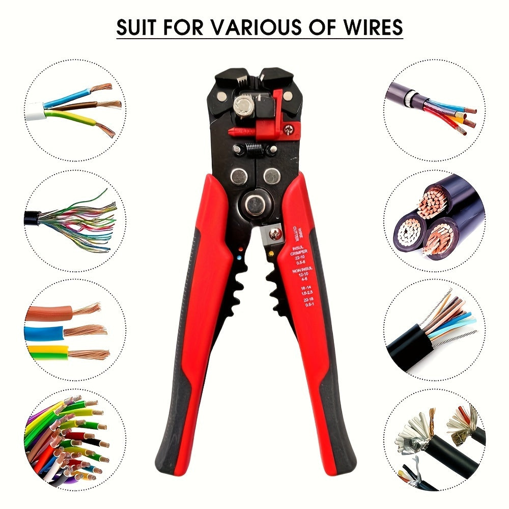 Electrician's automatic wire stripper for 24-10AWG range, with quick peel and cut capabilities. Ideal for home improvement, appliance repair, and auto maintenance. It features a non-slip