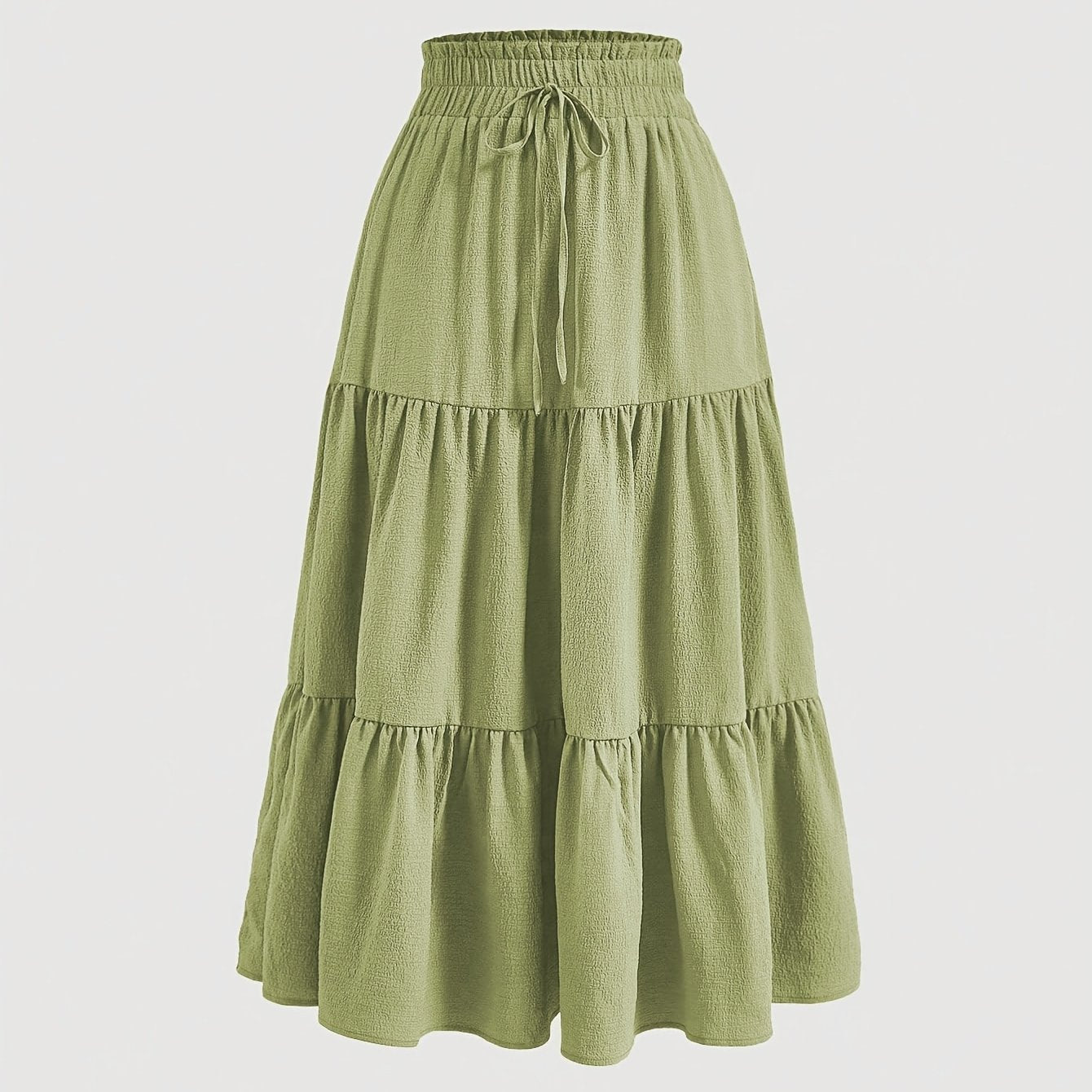 High-waisted maxi skirt with ruffled hem, made of polyester blend, perfect for casual wear in spring, summer, and autumn, machine washable.