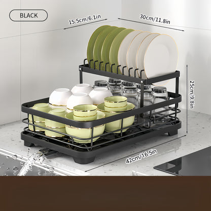 Black iron 2-tier kitchen dish rack with drainboard, utensil holder, cup hooks, and foldable design for space saving. Ideal for drying plates, bowls, pots, and cutlery.