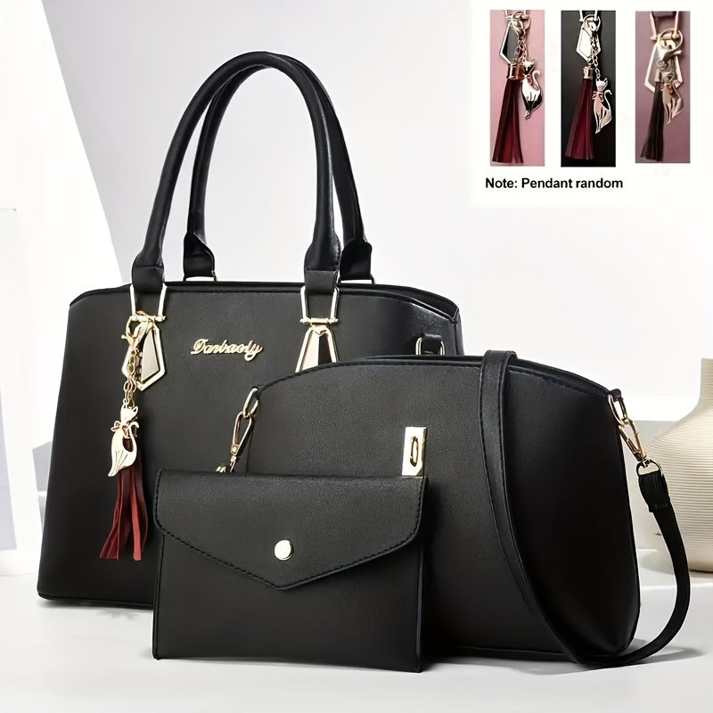 Women's elegant 3-piece handbag set with flowing tassel shoulder bag, crossbody bag, and stylish PU leather tote and sling bag. Ideal gift for festivals and work.