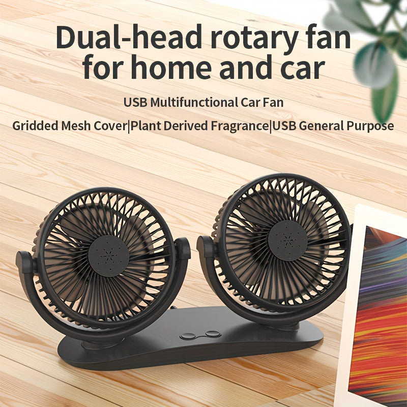 The Dual-Head USB Car Fan features three-speed wind adjustment, an aromatherapy cover, dual switches, multi-angle rotation, a brushless motor, lightweight and portable design, low noise operation, USB powered for energy-saving, a grid mesh cover, a