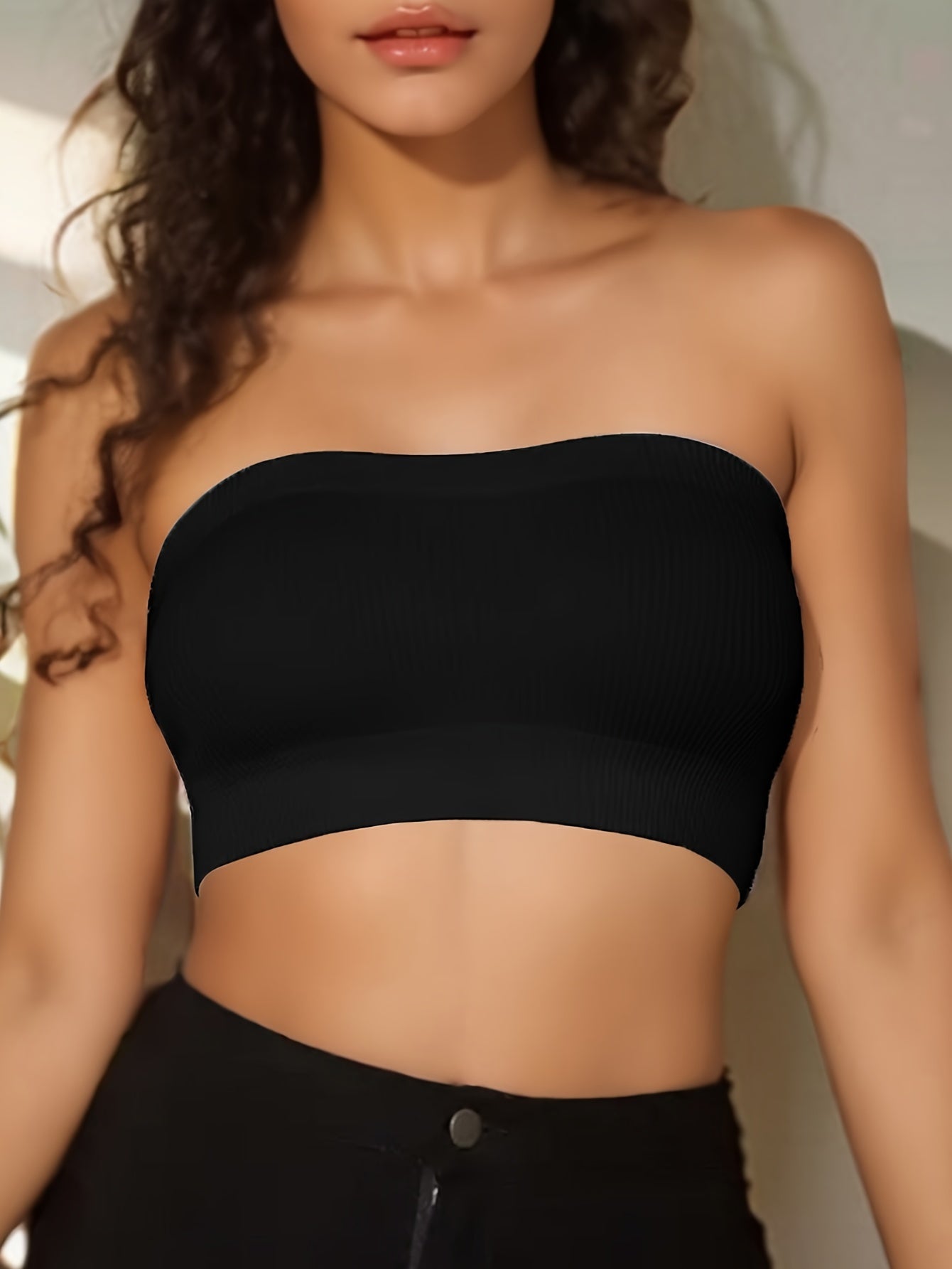 Seamless strapless bandeau bra for women with comfortable, breathable nylon blend and no-pads, perfect for casual attire.