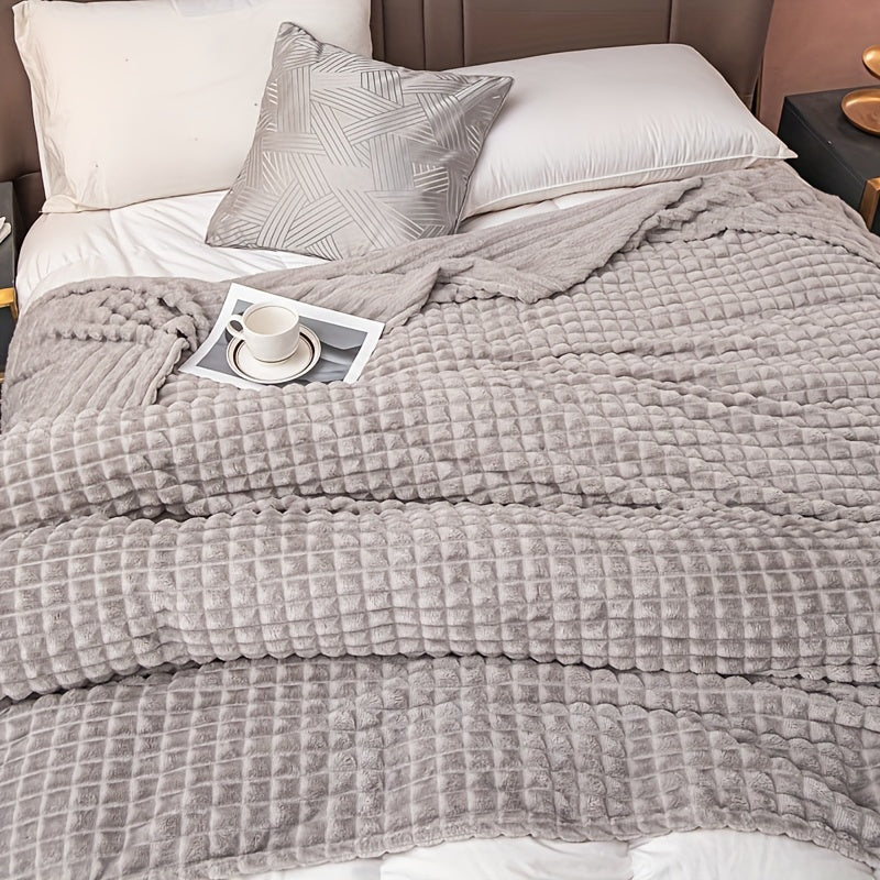 Soft and comfortable waffle plush blanket, made of milk velvet, perfect for use in the bedroom, sofa, office, car, camping, and travel. This multifunctional blanket comes in white, gray, green, brown, and silvery gray solid colors and checkered pattern.