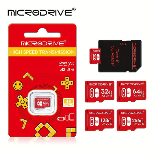 Micro TF SD karta 32GB, 64GB, 128GB va 256GB hajmida, U3 Class 10 tezligi bilan mavjud, SD adapteri bilan birga keladi.