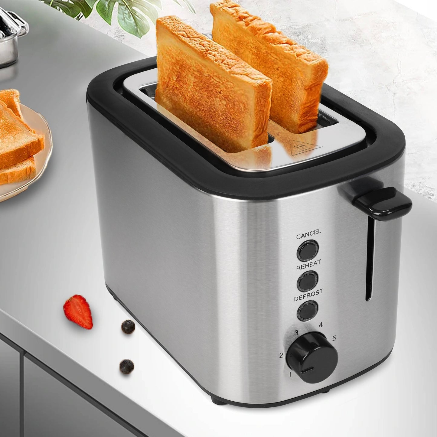 Stainless Steel Toaster with 2 Slices and Anti-Fingerprint Finish, 6 Shade Settings, Cancel/Defrost/Reheat Functions, Removable Crumb Tray, Anti-Jam Feature, Self-Centering Slots, High-Lift Lever, Cord Storage, Food Clip, Silicone Dust Cover.