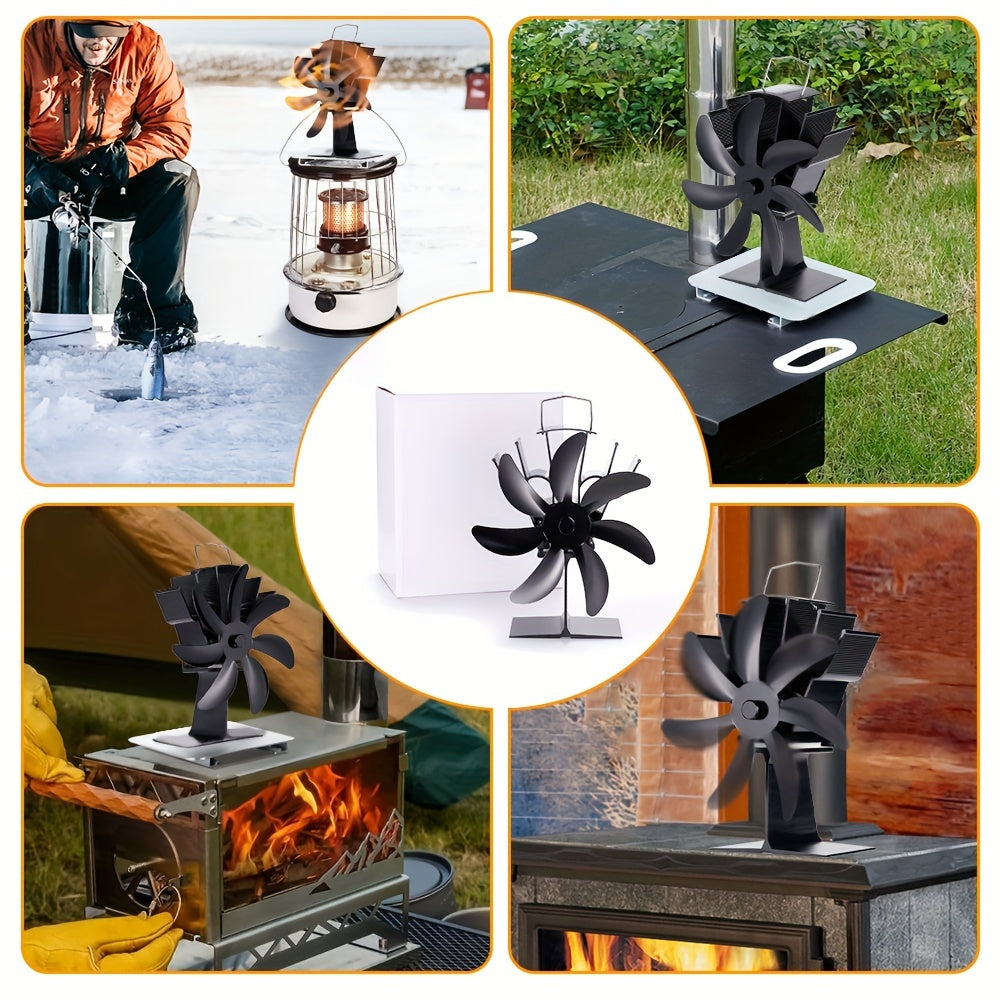 Get the new 2024 Black 7-Blade Metal Stove Fan for your home heater or outdoor camping stove. This portable exhaust air circulation fan does not require electricity and comes with multiple components for easy use.