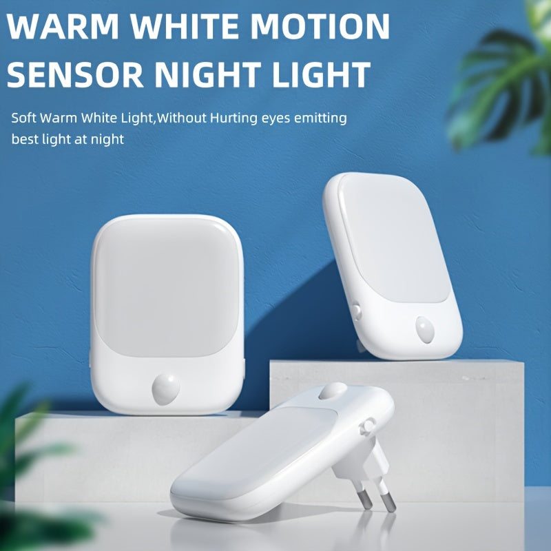 Motion Sensor Night Light Socket with 5 Adjustable Brightness LED Lights in Warm White, Modern Freestanding Wall Mounted Night Lamps for Bedroom, Hallway, and Kitchen. Includes European Standard Plug.