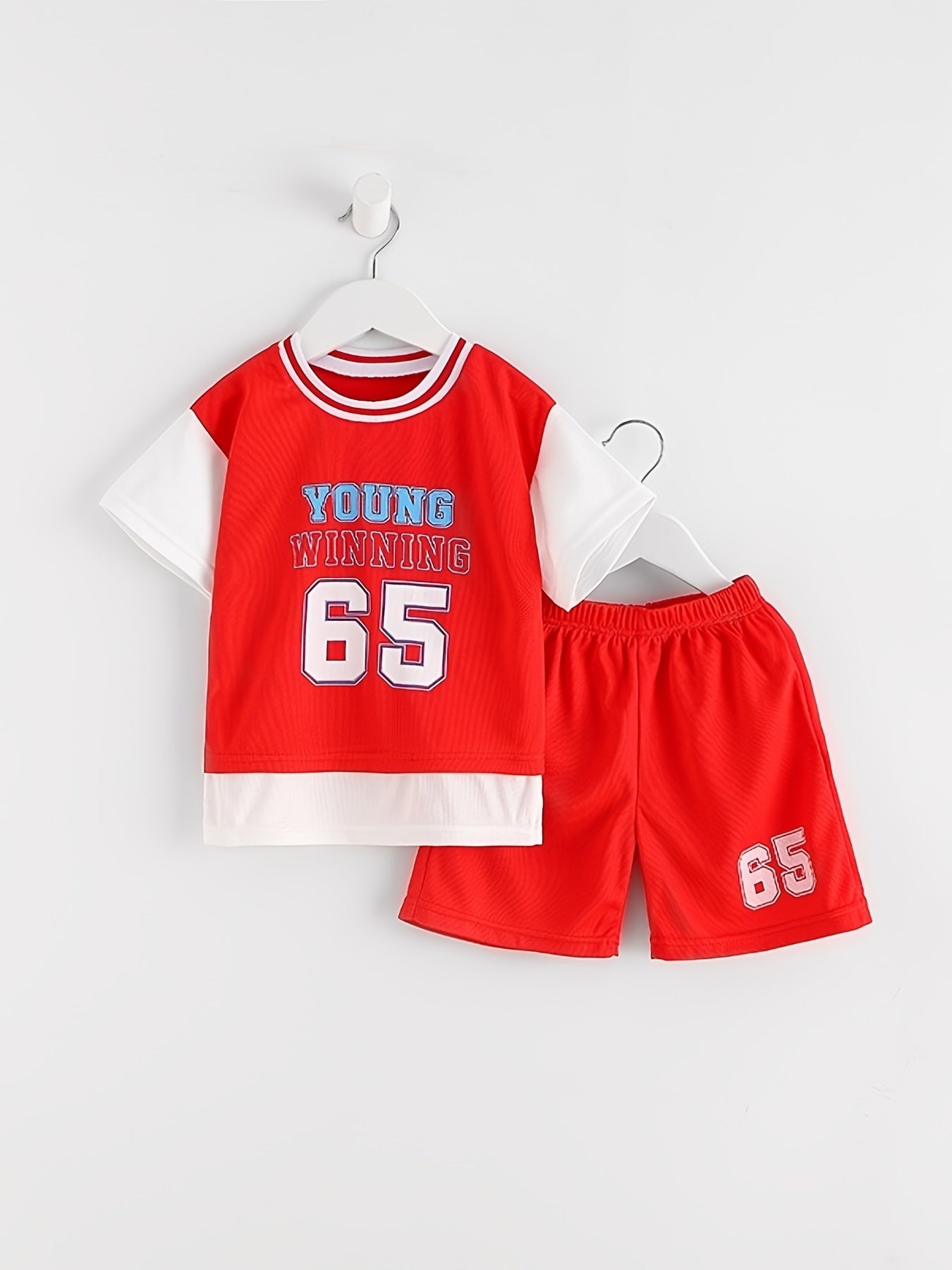 Boy's "Young Winning" casual outfit set includes a round neck t-shirt and shorts, perfect for daily and outdoor wear.