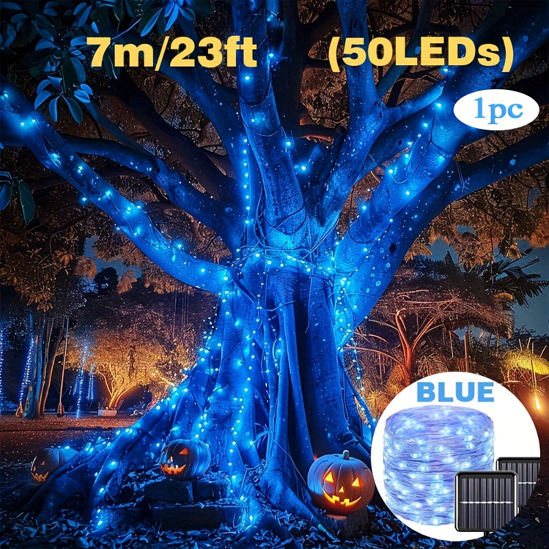 String lights featuring blue copper wire, powered by solar energy. Comes with 8 different lighting modes and is dimmable. Features a polished metal finish and a solar rechargeable lithium ion battery. Completely wireless with a plastic shade and prong