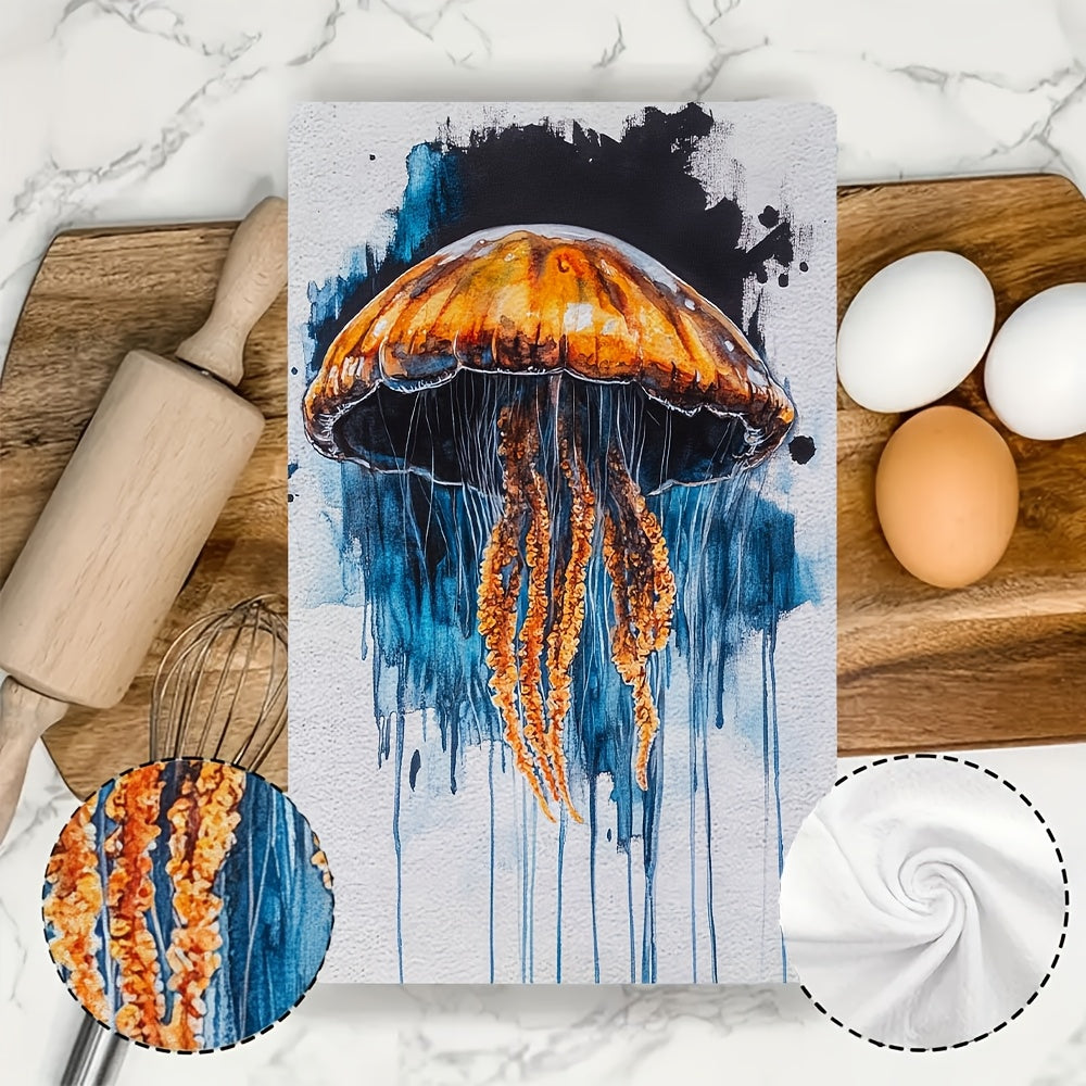 Two pieces of Coastal Jellyfish Design Kitchen Towels made of super absorbent polyester knit fabric. These towels are machine washable and feature a contemporary style. Each towel measures 40.64x60.96 cm. Product code: 2KYSYS1218333.