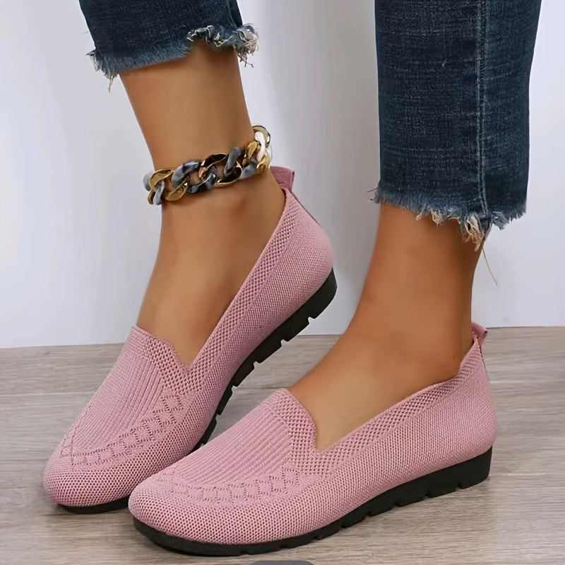 Women's knit loafers, lightweight non-slip flat walking shoes with plain toe, all-season comfort - fabric upper, PVC sole, fabric insole.