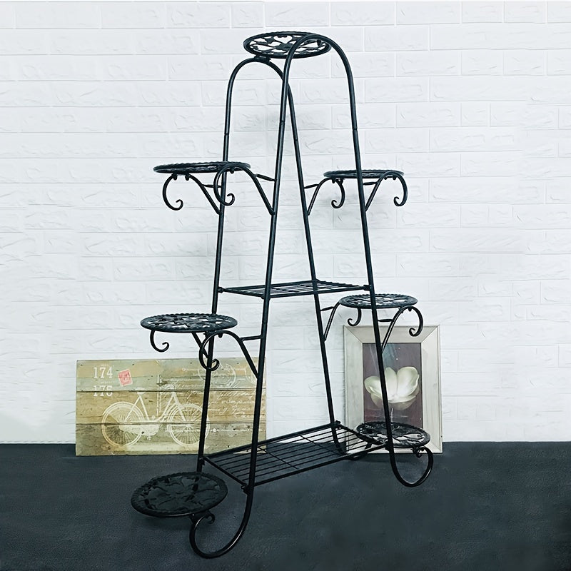 European-style metal plant stand with 9 tiers for indoor and outdoor use. Provides a decorative display for flower pots in the garden, balcony, or living room. Does not require electricity