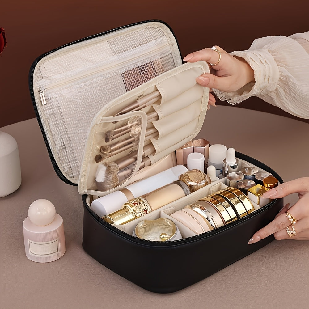 Spacious multi-layer PU cosmetic bag with brush holder, portable storage for beauty essentials, perfect gift for couples.