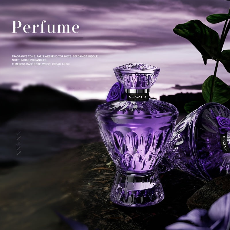 Elegant 75ml Purple Women's Perfume Spray with refreshing woody notes and alcohol-infused scent, perfect girlfriend gift with decorative floral packaging.