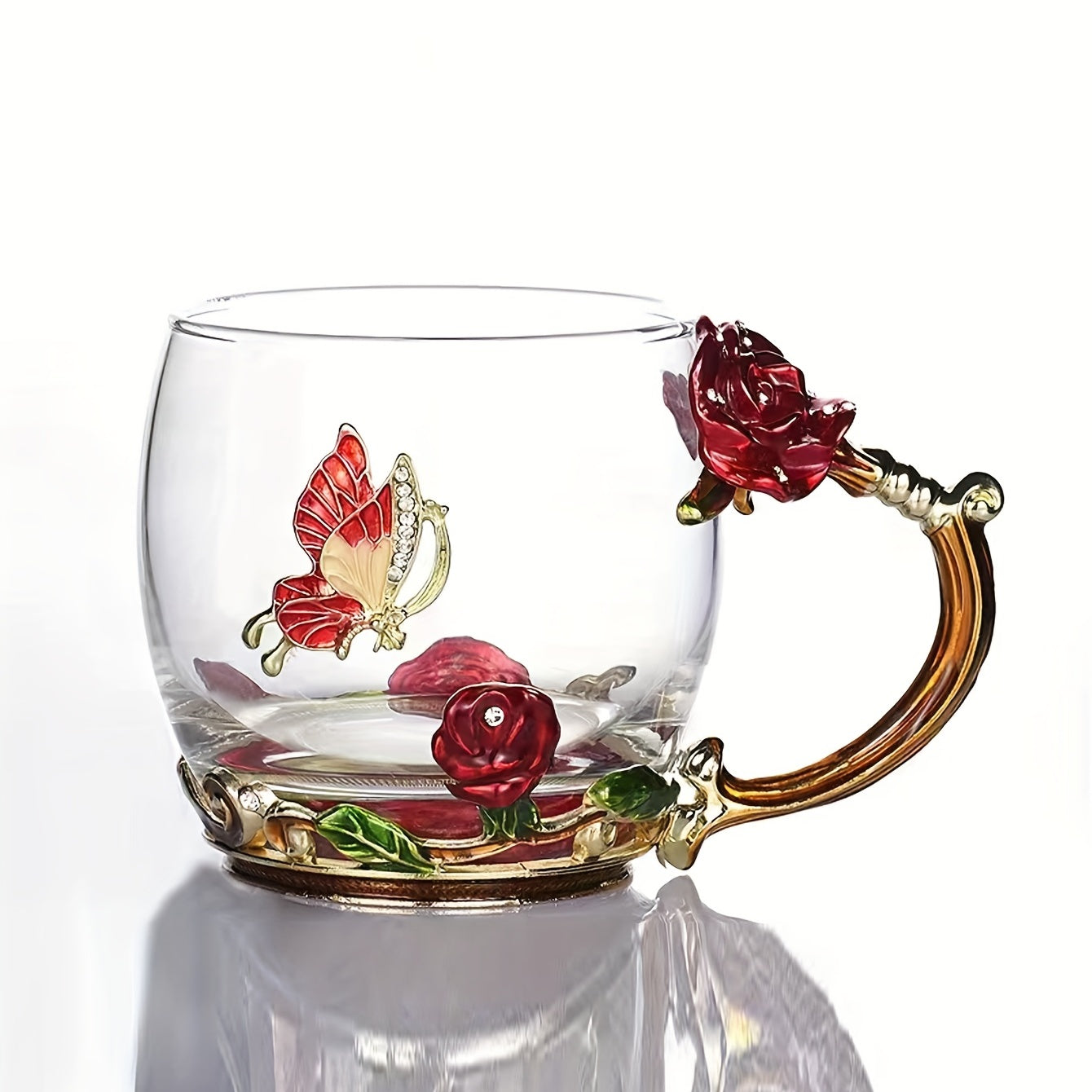 Rose enamel crystal tea cup featuring butterfly and rose design, heat resistant for coffee and water, perfect gift.