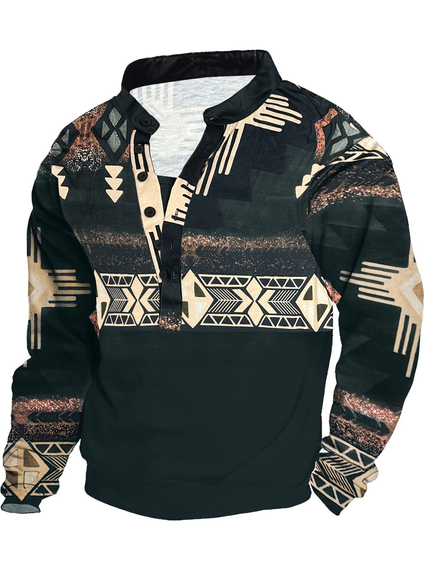 Tribal pattern hoodie made of 100% polyester knit fabric with lapel collar, button detail, and slight stretch. Lightweight at 5g/m², for daily sportswear in ethnic style, available in plus