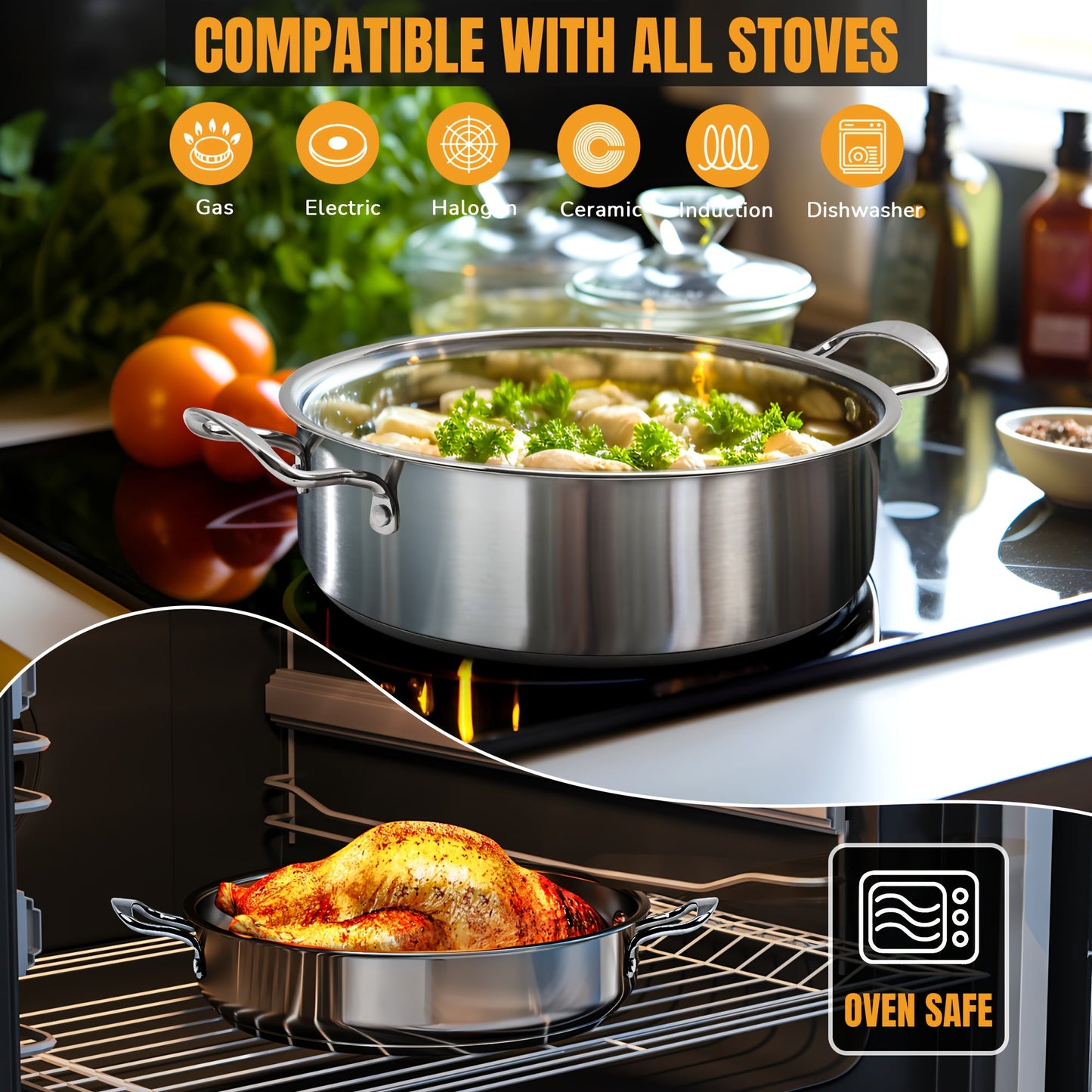 Six-piece stainless steel cookware set including nonstick induction-compatible pots and pans. Dishwasher safe with saucepans and stockpots. Suitable for use on gas, electric, and induction cooktops.