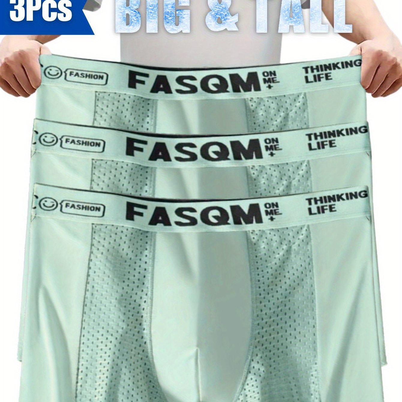 Plus Size Men's Ice Charm Boxer Briefs with Mesh Patch Breathable Stretchy Trunks in Green, Sky Blue, Black, or Deep Gray with Contrast Letter Print Waist Band, PLUS SIZE