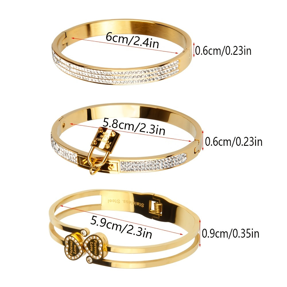 Stylish set of 3 stainless steel bracelets for women, plated in 18K gold with a heart-shaped pendant adorned with sparkling synthetic zirconia. The perfect luxury gift for weddings, parties, and Christmas, suitable for all seasons.