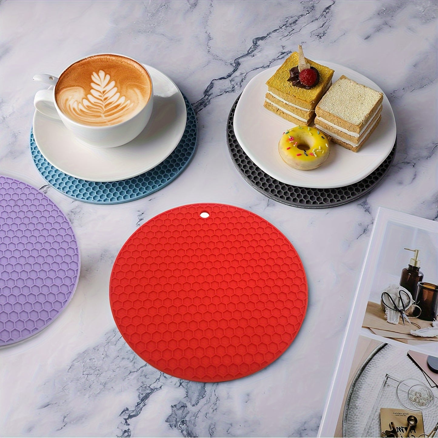 Round placemats with heat insulation, non-slip cup coasters, and pot pads for kitchen use.