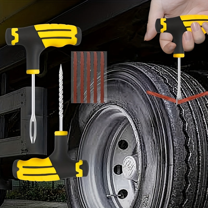 Universal tire repair kit with 4 pieces, ideal for car, motorcycle, and electric scooter. Features easy storage, non-slip handle, and is perfect for emergency roadside repairs.