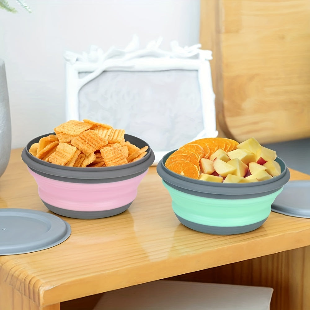 3 silicone folding bowls with lids for food and water, perfect for outdoor camping.