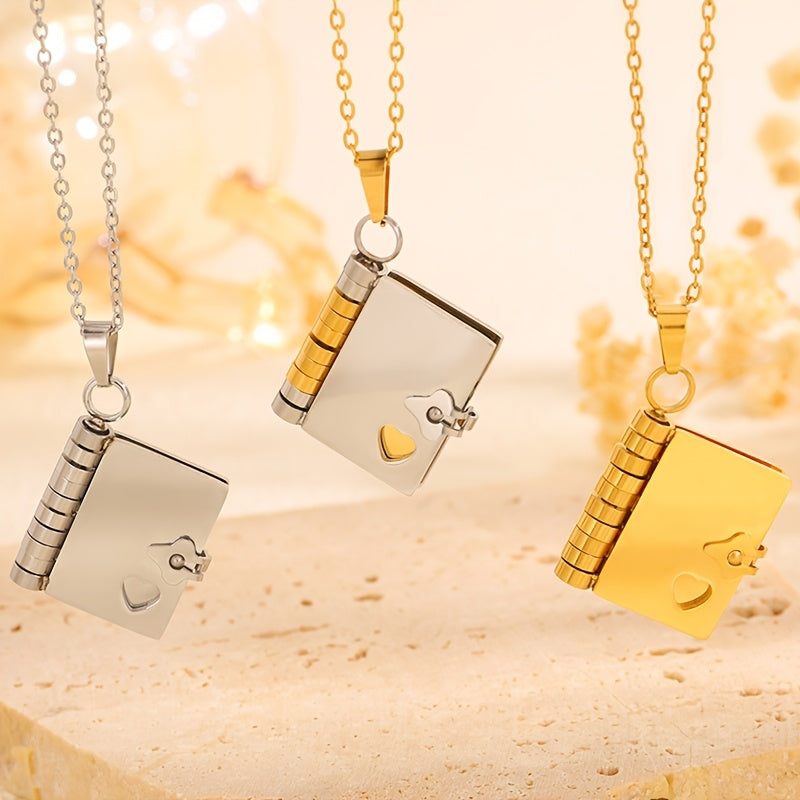 Stainless steel book pendant necklace for trendy couples.